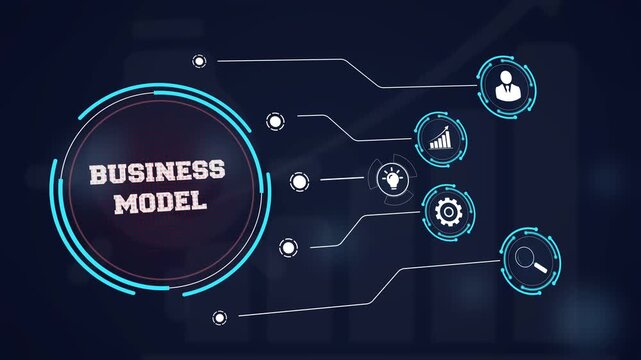 Strategic business model innovation and corporate framework development represented by a digital interface with futuristic icons of professional scalability and growth
