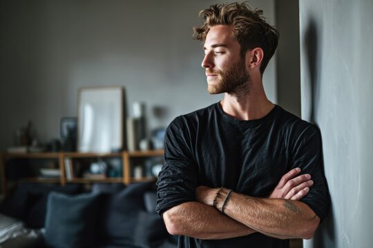 Portrait of a blissful man in his 20s with arms crossed in front of crisp minimalistic living room
