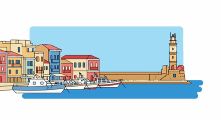 Naklejka premium Colorful coastal scene with boats docked near a lighthouse and buildings