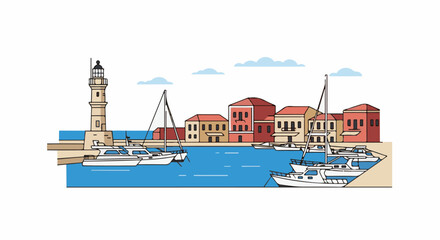 Fototapeta premium A simplified illustration of a harbor with buildings, a lighthouse, and boats