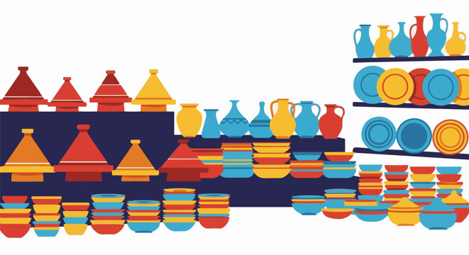 A vibrant display of colorful Moroccan pottery, including tagines, bowls, and plates