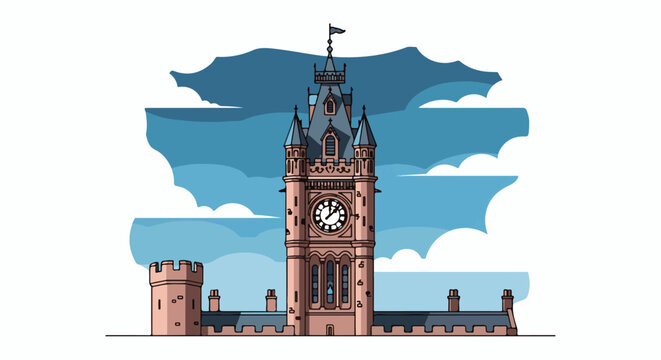 Stylized pixel art of a grand clock tower with turrets and a flag