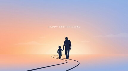 Obraz premium A silhouette of a father and son walking under a warm gradient sky, for father's day.