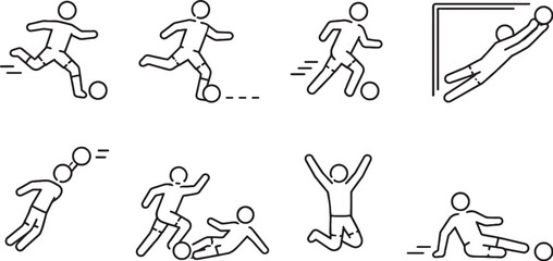Soccer match action icons set minimalist line vector football player motion poses outline pack © Hue