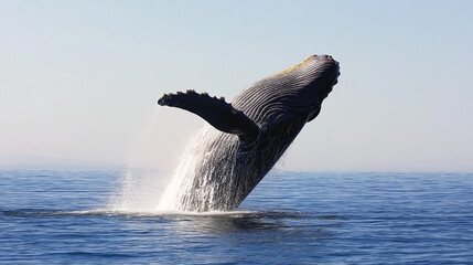 Fototapeta premium Powerful Humpback Whale Breaching Out of Calm Blue Ocean Water