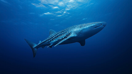 Naklejka premium Massive Tiger Shark Swimming in Deep Blue Ocean Water