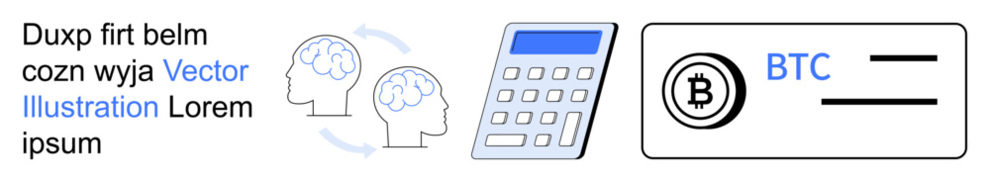 Cryptocurrency, digital finance, blockchain technology, payment systems, brain connections, computational thinking. Icons of brain links, a calculator and Bitcoin logo. Cryptocurrency and digital