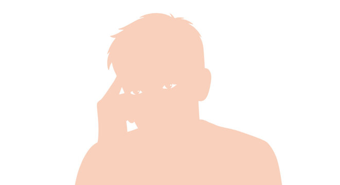 Silhouette of a man thinking, hand touching forehead, isolated on white background