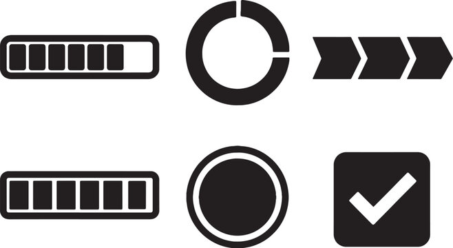Progress and status icons silhouette bundle, loading bar circular progress check mark vector set