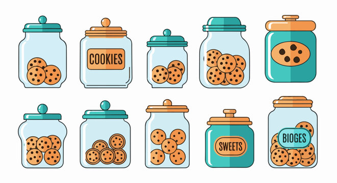 Various cookie jars with different lids and cookie styles