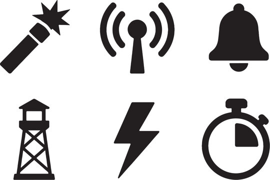 Military signal and time icons silhouettes set communication alert black vector bundle