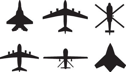 Military aircraft icon set black silhouette fighter jet bomber helicopter drone transport stealth plane vector © Hue