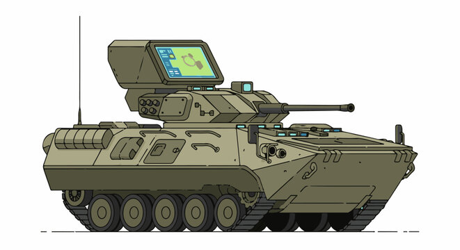 Pixelated armored vehicle with a large screen displaying a map