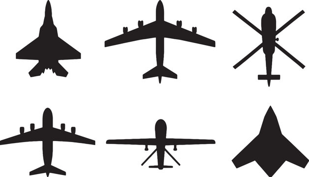 Military aircraft icon set black silhouette fighter jet bomber helicopter drone transport stealth plane vector