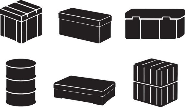 Military container silhouettes set storage crate barrel supply black vector icons bundle