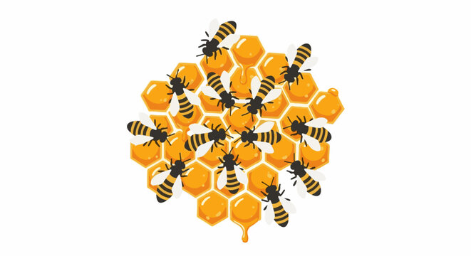 Many bees working on a golden honeycomb with dripping honey