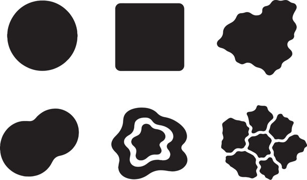 Map zone shapes icon set solid silhouette circular square irregular overlapping layered fragmented territory minimal UI