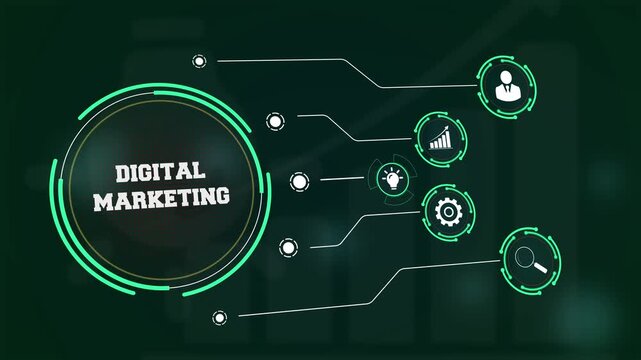 Advancing online presence through digital marketing strategy visualized on a futuristic interface with icons of professional advertising and global growth