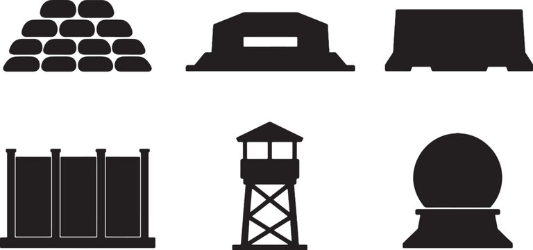 Defense structure icon set black silhouette bunker tower radar fence barrier sandbag minimal vector