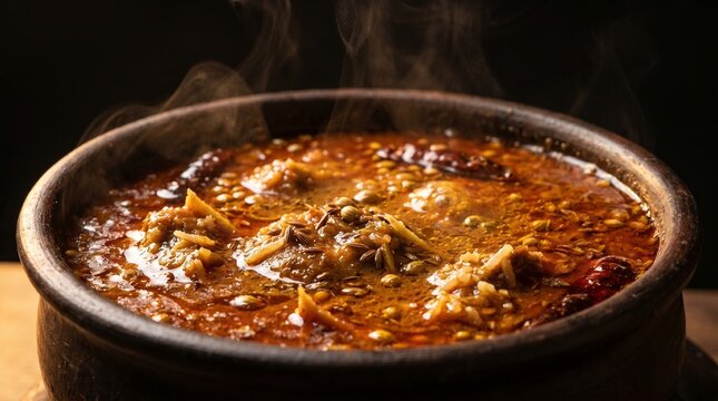 A close-up of steaming hot spicy meat curry seasoned with cumin seeds and whole red chilies in a clay pot