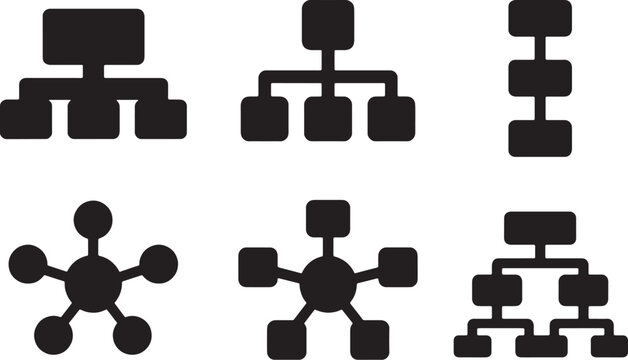 Command hierarchy icons set solid silhouette top branch chain network hub multi level minimal structure UI