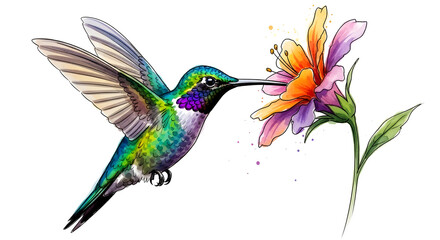 Fototapeta premium A colorful hummingbird flying towards a flower isolated on white background