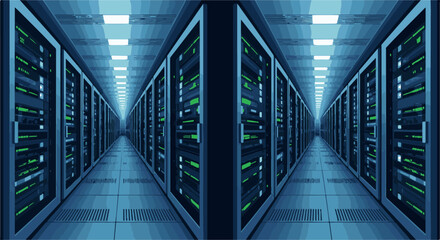 Fototapeta premium Rows of servers with glowing green lights in a data center aisle