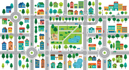 Fototapeta premium Colorful illustrated city map with buildings roads and trees