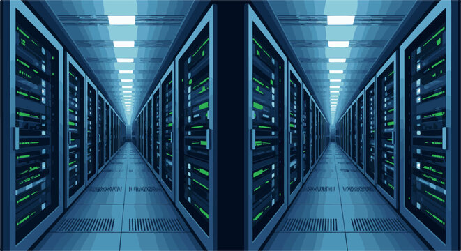Rows of servers with glowing green lights in a data center aisle