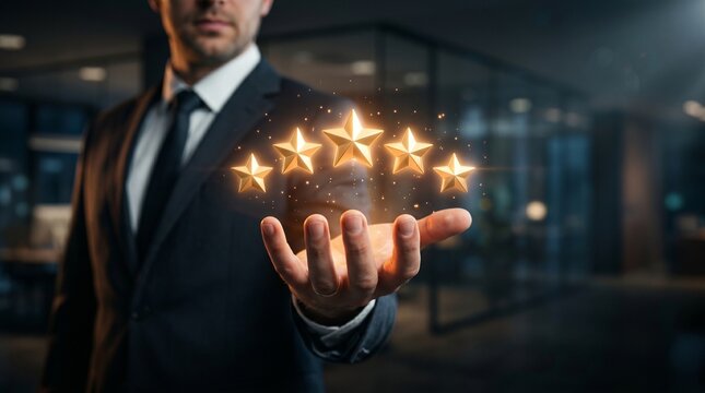 Five Stars of Excellence: An individual, embodying expertise and excellence, presents a luminous display of five golden stars, symbolizing top-tier quality and outstanding performance. 