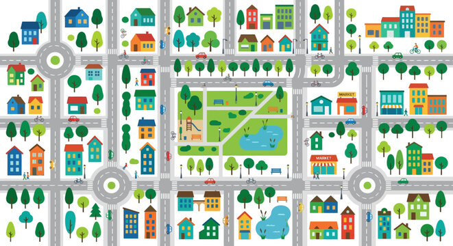 Colorful illustrated city map with buildings roads and trees