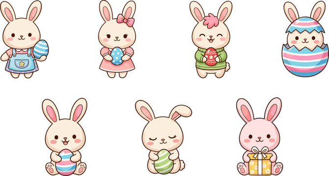 Cute Easter Bunny Characters Set with Rabbits Holding Eggs, Gift Box, and Spring Holiday Elements in Adorable Cartoon Style Illustration