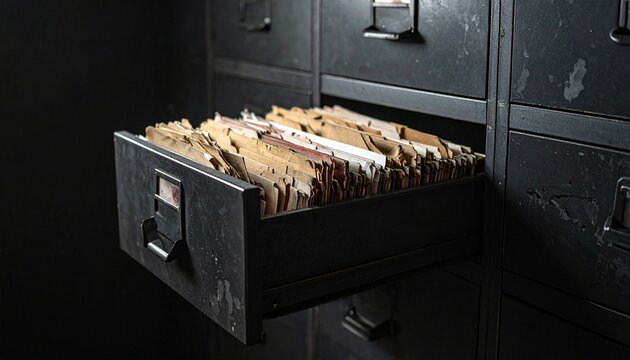 Open Metal Filing Cabinet Drawer Full Of Old Folders In Dark Room