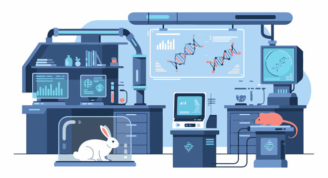 Modern research lab with computer screens showing data and DNA