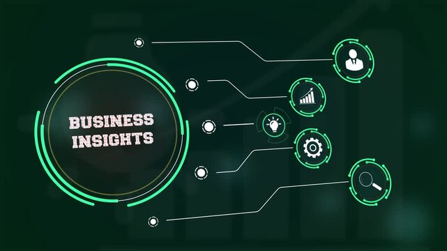 Strategic corporate business insights for informed decision making featuring a modern virtual dashboard with symbols of market intelligence and success