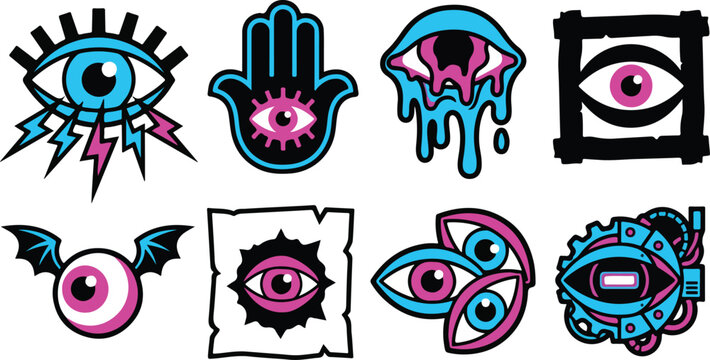 Surreal eye illustration collection featuring trippy vision concepts with melting eyes and electric lightning bolt designs