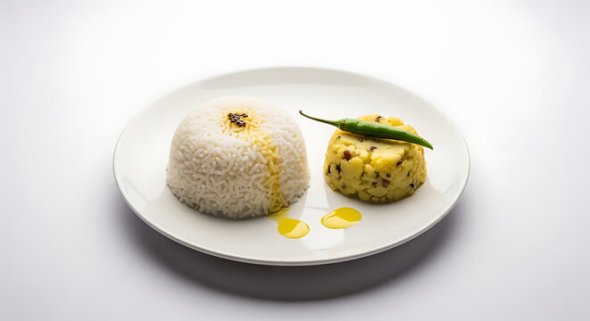 Aloo bharta with steamed rice isolated on white background