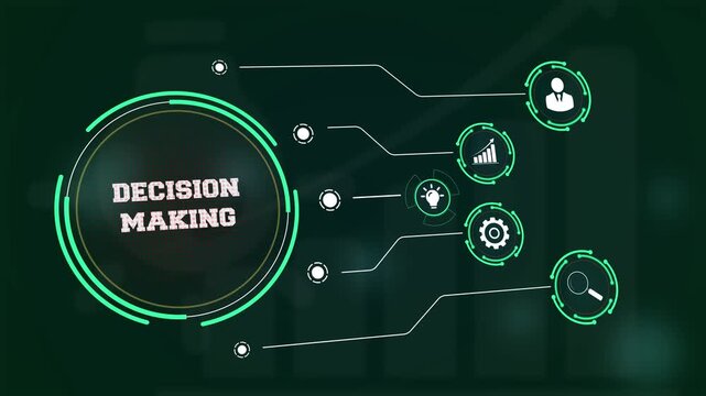 Effective corporate decision making using data driven strategy visualized on a digital interface with futuristic icons of professional analysis and growth