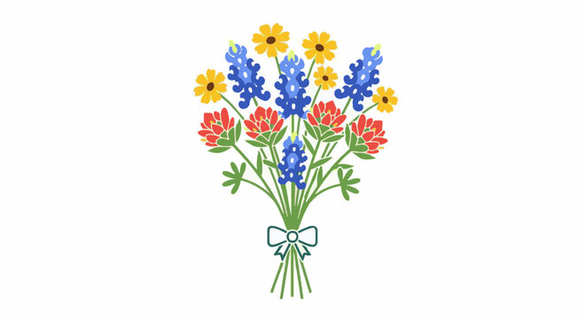 A vibrant bouquet of Texas wildflowers tied with a green bow