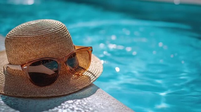 Straw hat and sunglasses by poolside on a sunny day