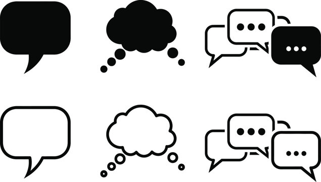 Black and white communication icons speech bubbles thought clouds and dialogue boxes