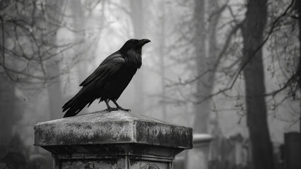 Obraz premium Black raven perched on an old stone gravestone in a misty and foggy cemetery