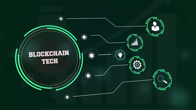 Strategic corporate blockchain tech solutions showing a high tech virtual dashboard with interconnected symbols of data integrity, transparency and success