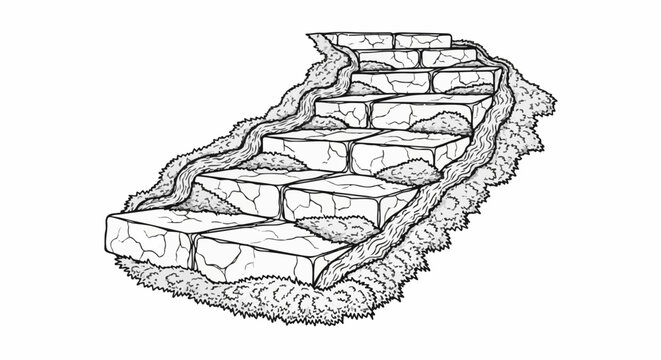 Stone stairs with moss and flowing water, sketch