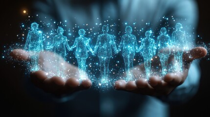 Obraz premium Hands holding projected people, futuristic display