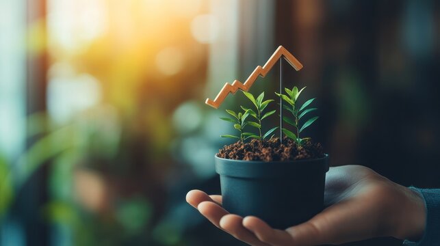 Hand holding small plant pot with upward growth chart, indoor setting. Possible use Stock photo for business growth, investment, or environmental concepts
