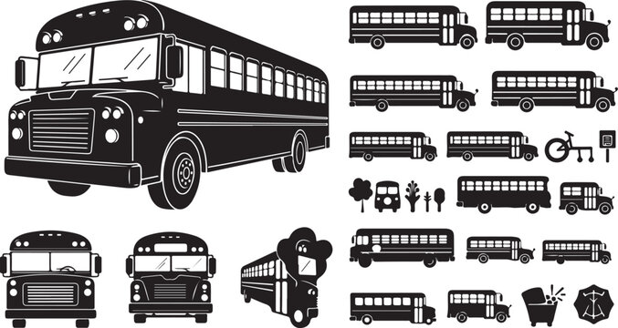 Classic yellow school bus and various transportation