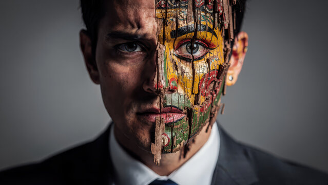 Businessman with splintered wooden puppet face revealing stress.
