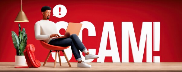Obraz premium Man on laptop reacting to online scam alert with exclamation sign and red warning background