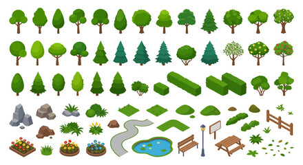 Isometric trees bushes and landscape elements vector illustration set © rita
